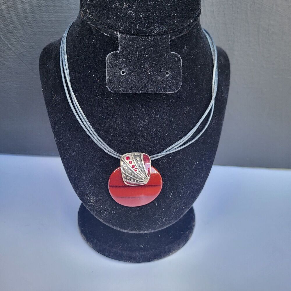 Chico's Garnet Red Wine Enamel and Silvertone Modernist Pendant Necklace - 20.5"